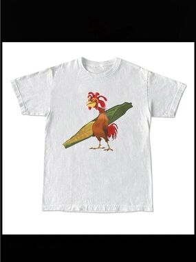 White Tee with Colorful Rooster Graphic